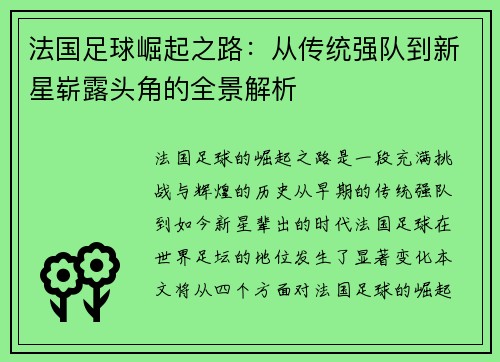 法国足球崛起之路：从传统强队到新星崭露头角的全景解析