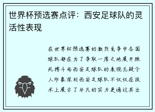 世界杯预选赛点评：西安足球队的灵活性表现