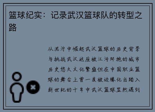 篮球纪实：记录武汉篮球队的转型之路