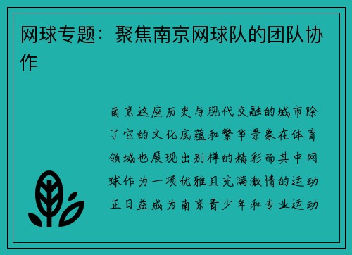 网球专题：聚焦南京网球队的团队协作