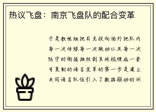 热议飞盘：南京飞盘队的配合变革