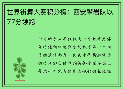 世界街舞大赛积分榜：西安攀岩队以77分领跑
